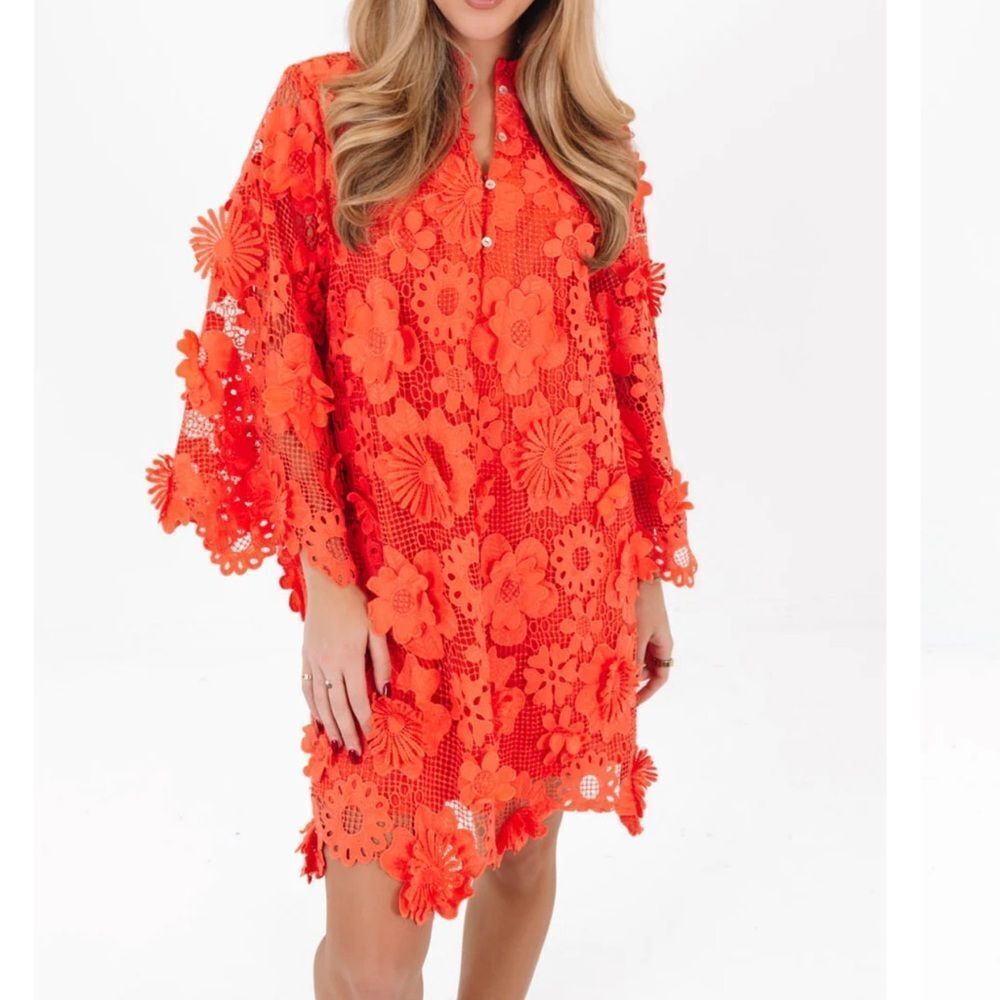 J. Marie The Seraphina Dress Coral Floral Lace Appliqué Crochet Sheer Overlay M - Picture 2 of 9